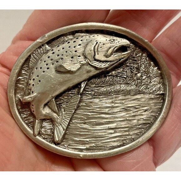 Vintage Bergamot Brass Works Bass Fish Belt Buckle Fishing Fisherman 1977 E-143 - Picture 1 of 7